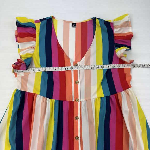 Rainbow Striped Dress Size 2X Button Front Ruffle Sleeve Boho Retro Festival - Picture 7 of 12